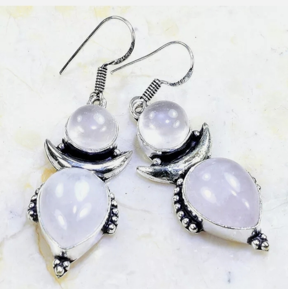 New Rose Quartz 925 Silver Dangle Earrings.